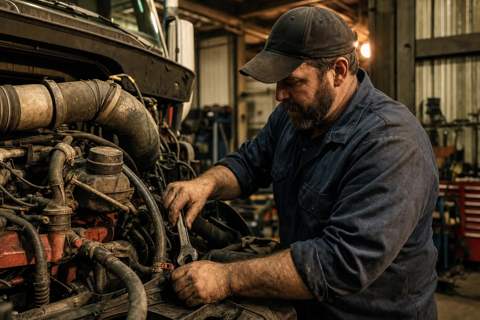 A diesel mechanic working on a semi-truck engine in a shop bay