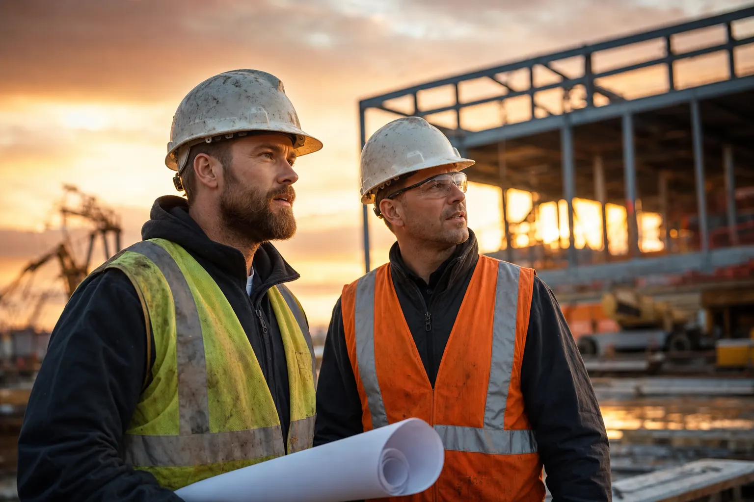 Construction workers in hard hats at a job site